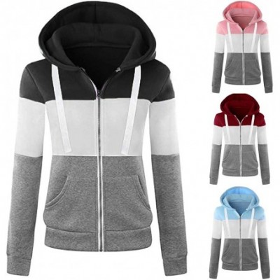 Thermal Underwear Women Stripe Coat Sport Casual Slim Color Patchwork Hooded Pocket Jacket Outwear - Red - CK19233ET7R