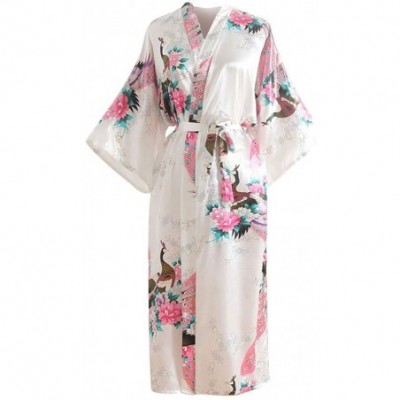 Robes Womens Floral Print Kimono Robes Sexy Nights Long Pajamas Gown Bathrobe Lingerie Nightdress - White - CM18R8ZIUNA