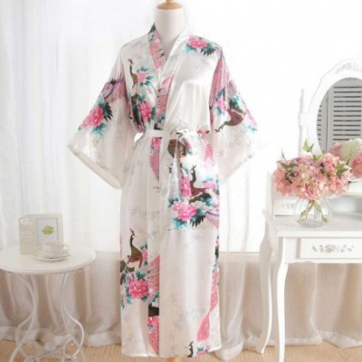 Robes Womens Floral Print Kimono Robes Sexy Nights Long Pajamas Gown Bathrobe Lingerie Nightdress - White - CM18R8ZIUNA