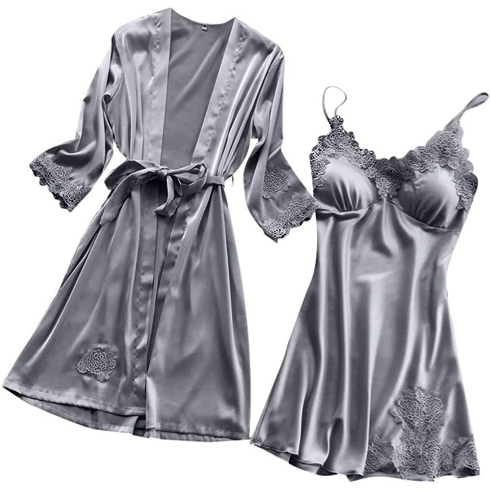 Nightgowns & Sleepshirts Lingerie Womens Silk Lace Robe Dress Babydoll Nightdress Sleepwear Kimono Set - Gray - CK193C07259