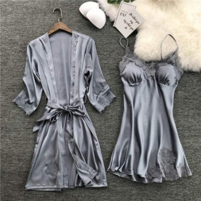 Nightgowns & Sleepshirts Lingerie Womens Silk Lace Robe Dress Babydoll Nightdress Sleepwear Kimono Set - Gray - CK193C07259