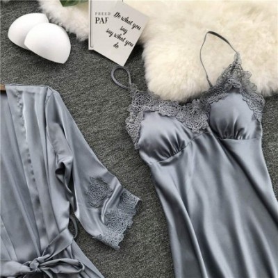 Nightgowns & Sleepshirts Lingerie Womens Silk Lace Robe Dress Babydoll Nightdress Sleepwear Kimono Set - Gray - CK193C07259