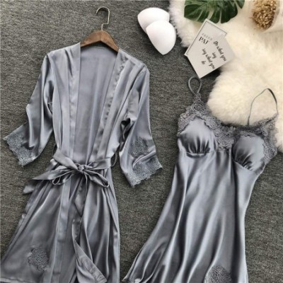 Nightgowns & Sleepshirts Lingerie Womens Silk Lace Robe Dress Babydoll Nightdress Sleepwear Kimono Set - Gray - CK193C07259