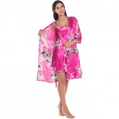 Robes Women's Kimono Robe Gorgeous Loungewear 2PC Set Sleepwear Camisole & Robe - Rose - C311YCAV3GZ