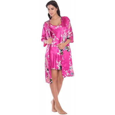 Robes Women's Kimono Robe Gorgeous Loungewear 2PC Set Sleepwear Camisole & Robe - Rose - C311YCAV3GZ