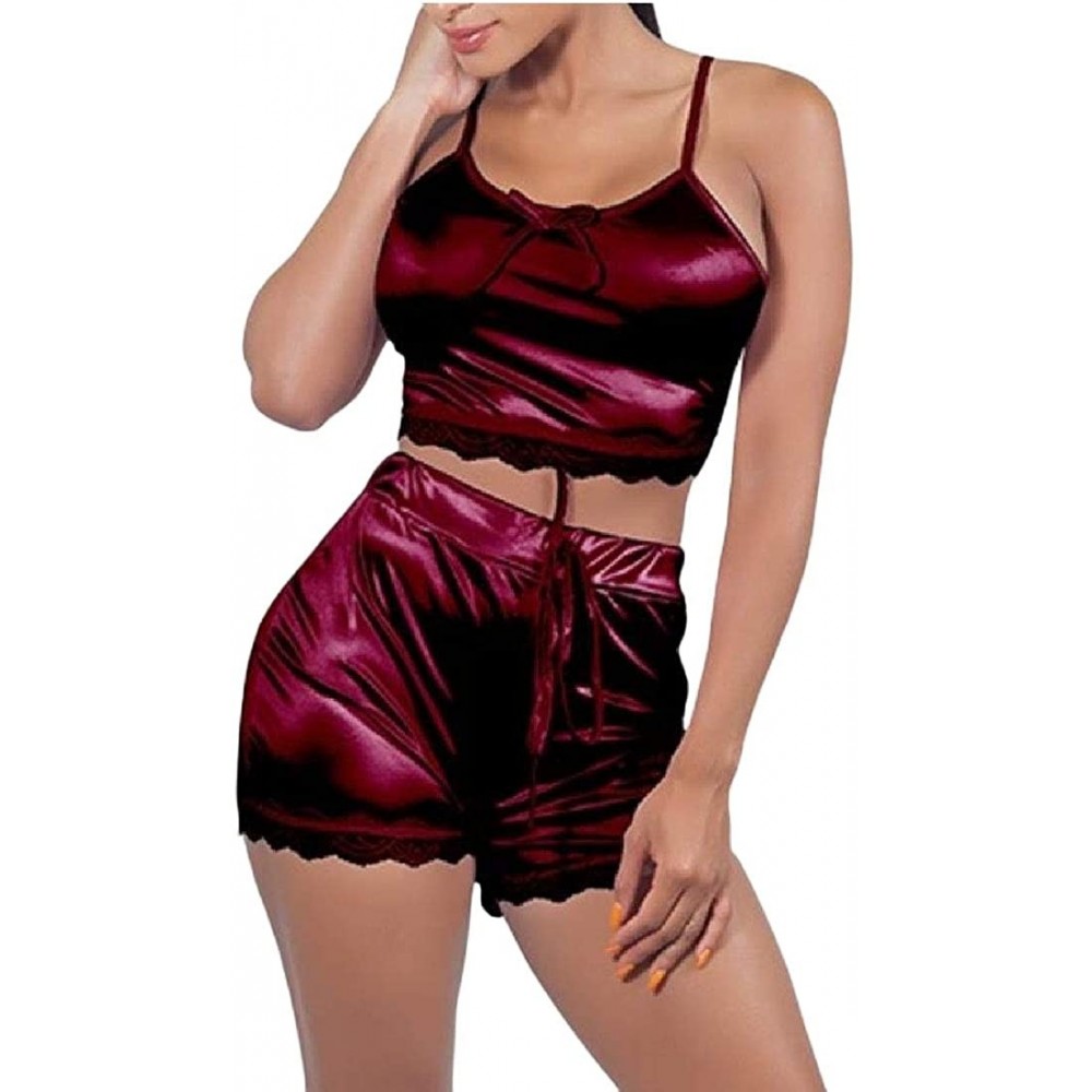 Sets Women's Lace Pajamas Set Shorts Nightwear Camisole Sets Sexy Suit Sleepwears - Wine Red - CM190HR8Y3M