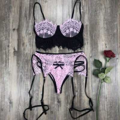 Accessories 3Pc Women Lace Lingerie Set Sexy Bra Panties Garter Set Babydoll Underwear Sleepwear Nightwear - Pink - C91987AOAL5