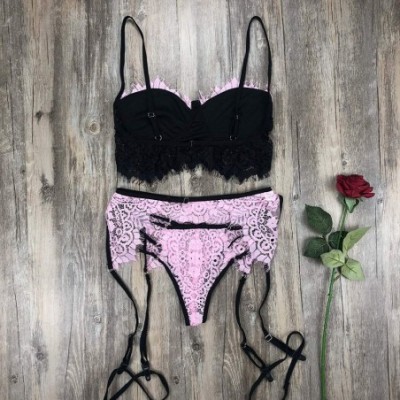 Accessories 3Pc Women Lace Lingerie Set Sexy Bra Panties Garter Set Babydoll Underwear Sleepwear Nightwear - Pink - C91987AOAL5