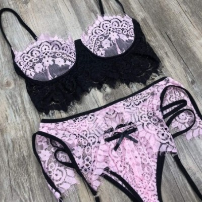 Accessories 3Pc Women Lace Lingerie Set Sexy Bra Panties Garter Set Babydoll Underwear Sleepwear Nightwear - Pink - C91987AOAL5