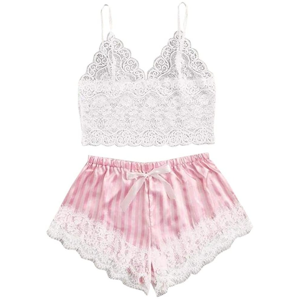 Sets Women's Sexy Lingerie Sets Lace Cami Top with Shorts Sleepwear Soft Spaghetti Strap Pajama - Pink - C819893CSQX