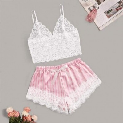 Sets Women's Sexy Lingerie Sets Lace Cami Top with Shorts Sleepwear Soft Spaghetti Strap Pajama - Pink - C819893CSQX