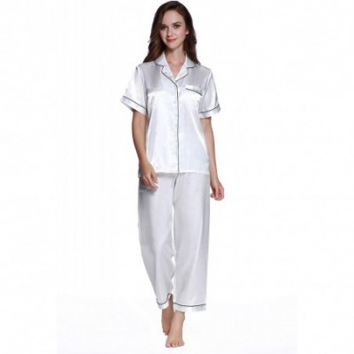 Sets Women's Short Sleeve Classtic Satin Pajama Set - White With Black Piping - CL18HC5Q2A3