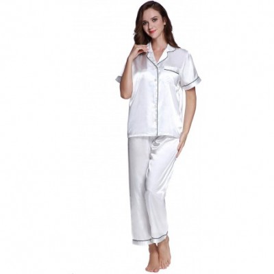 Sets Women's Short Sleeve Classtic Satin Pajama Set - White With Black Piping - CL18HC5Q2A3