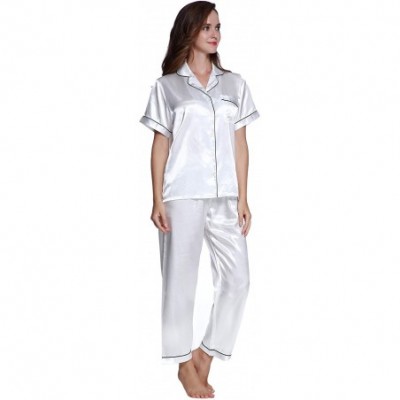 Sets Women's Short Sleeve Classtic Satin Pajama Set - White With Black Piping - CL18HC5Q2A3