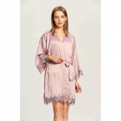 Robes Women's Solid Matt Silk Satin lace Robe Satin Short Kimono Robes with Lace Trim - Mauve - C419320WN3E