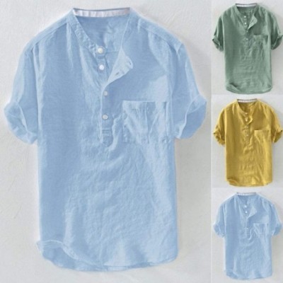 Thermal Underwear Mens Cool Linen Button Up Shirts Casual Short Sleeve Yoga Loose Fit Beach Tops - A-blue - CG19DTDQUWC