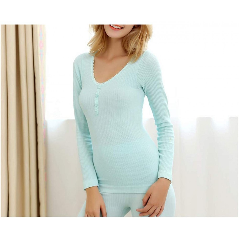 Thermal Underwear Thermal Underwear Four Grain of Buckle Wool Warm Seamless Lace Sexy Winter Underwear Sets Women - Blue - CP...