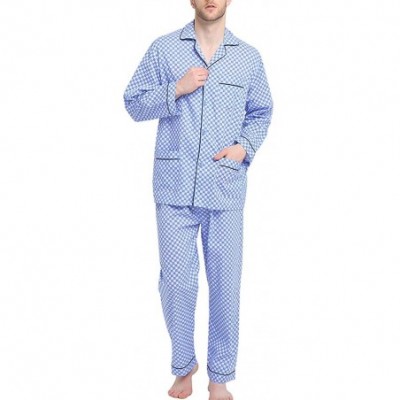 Sleep Sets Mens Pajamas Set- 100% Cotton Woven Drawstring Sleepwear Set with Top and Pants/Bottoms - Blue With Checkered Prin...