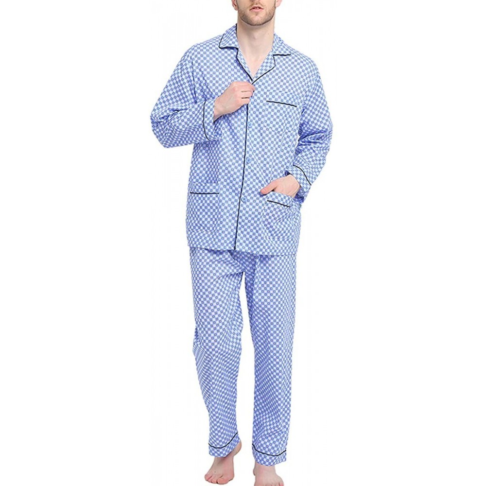 Sleep Sets Mens Pajamas Set- 100% Cotton Woven Drawstring Sleepwear Set with Top and Pants/Bottoms - Blue With Checkered Prin...