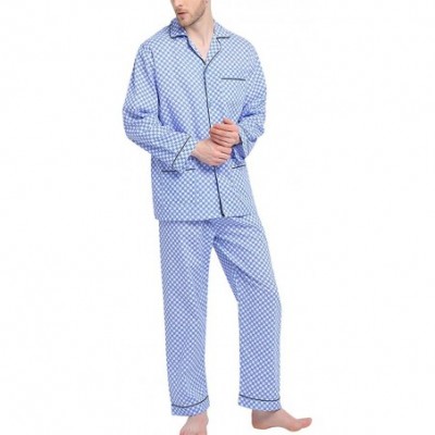 Sleep Sets Mens Pajamas Set- 100% Cotton Woven Drawstring Sleepwear Set with Top and Pants/Bottoms - Blue With Checkered Prin...