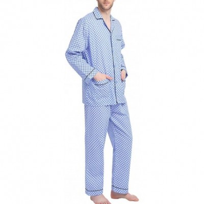 Sleep Sets Mens Pajamas Set- 100% Cotton Woven Drawstring Sleepwear Set with Top and Pants/Bottoms - Blue With Checkered Prin...