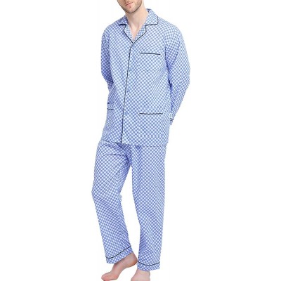 Sleep Sets Mens Pajamas Set- 100% Cotton Woven Drawstring Sleepwear Set with Top and Pants/Bottoms - Blue With Checkered Prin...