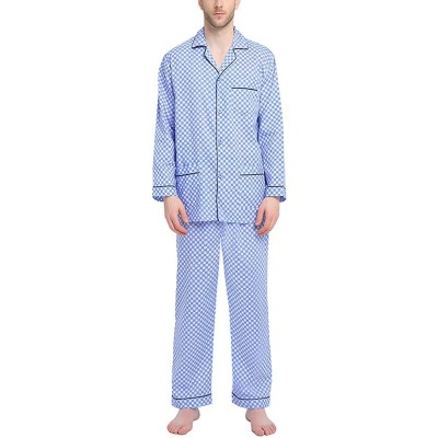 Sleep Sets Mens Pajamas Set- 100% Cotton Woven Drawstring Sleepwear Set with Top and Pants/Bottoms - Blue With Checkered Prin...