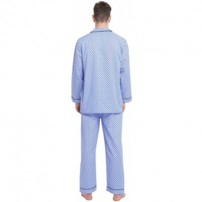 Sleep Sets Mens Pajamas Set- 100% Cotton Woven Drawstring Sleepwear Set with Top and Pants/Bottoms - Blue With Checkered Prin...