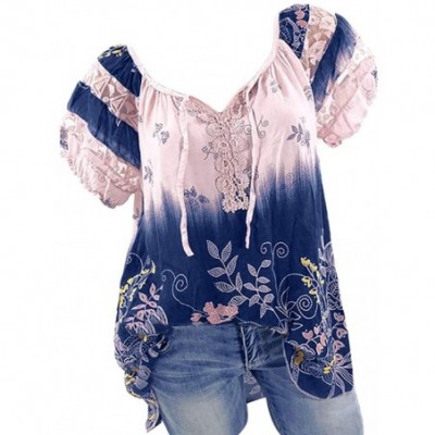 Thermal Underwear Lace Printed Tops Women Short Sleeve V-Neck Loose T-Shirt Blouse - A Pink - CJ18UCWTTL9