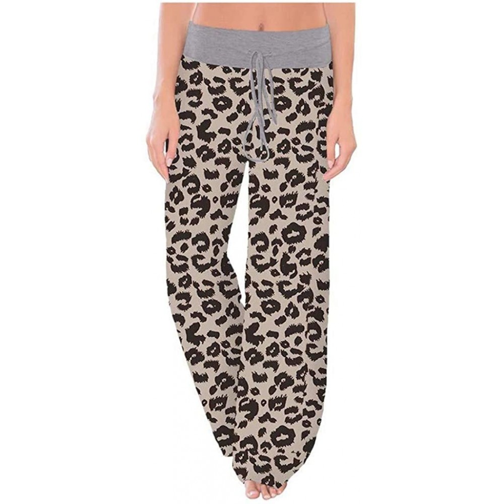 Bottoms Womens Long Pajama Pants Stretch Leopard Print Drawstring Wide Leg Palazzo Lounge Pants - K Gray - CA194MRTDZ4