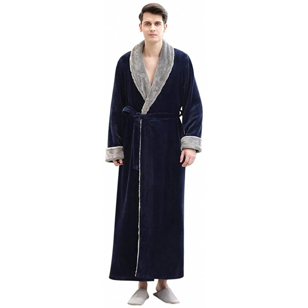 Robes Women Men Flannel Robe Long Warm Bathrobes Plush Fleece Nightgown Housecoat with Two Pockets Loungewear Navy men - CH18...