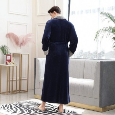 Robes Women Men Flannel Robe Long Warm Bathrobes Plush Fleece Nightgown Housecoat with Two Pockets Loungewear Navy men - CH18...