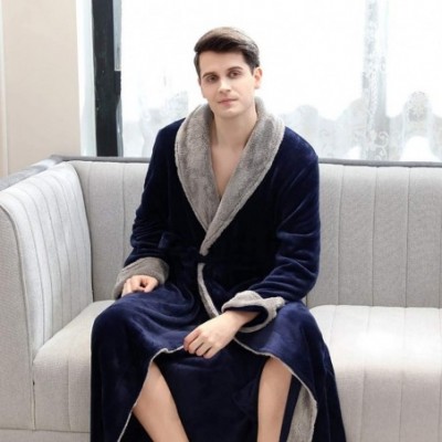 Robes Women Men Flannel Robe Long Warm Bathrobes Plush Fleece Nightgown Housecoat with Two Pockets Loungewear Navy men - CH18...