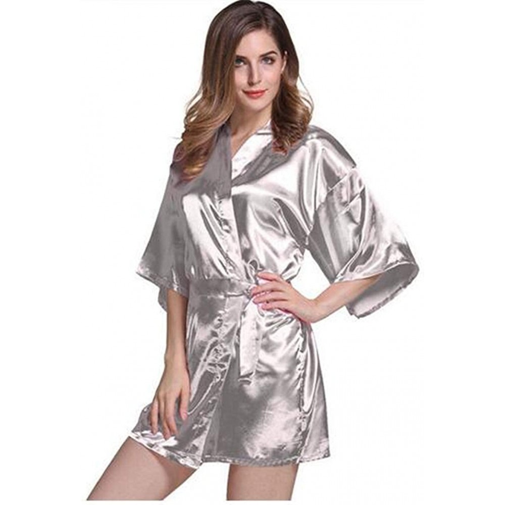 Robes Women Silk Satin Short Night Robe Kimono Robe Bath Robe Sexy Bathrobe Bride Bridesmaid Robe - Sliver - CF19C924CMA