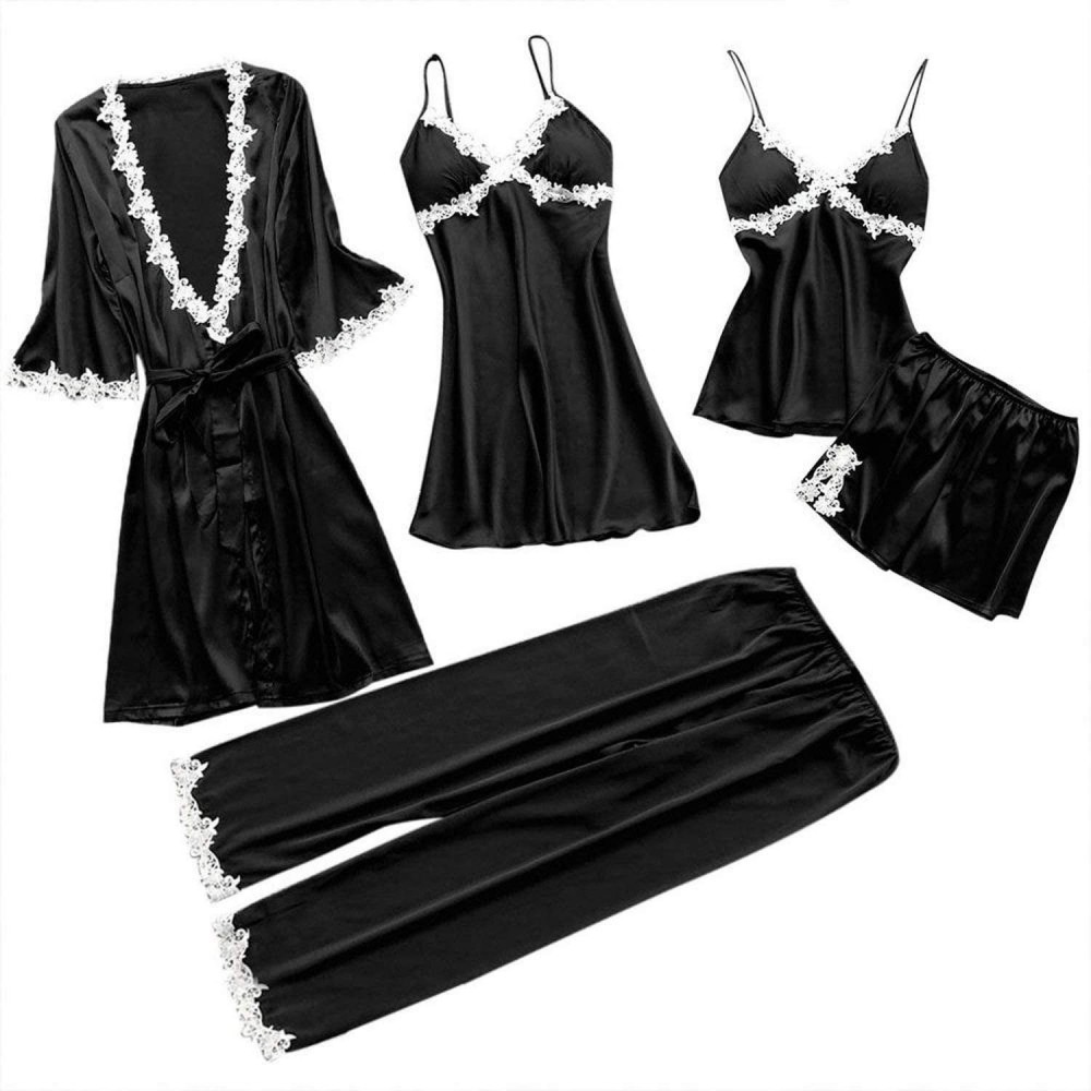 Sets Women Pajamas 5 Pieces Satin Sleepwear Pijama Silk Home Wear Home Clothing Embroidery Sleep - Black - C218U3S57E9