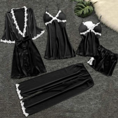 Sets Women Pajamas 5 Pieces Satin Sleepwear Pijama Silk Home Wear Home Clothing Embroidery Sleep - Black - C218U3S57E9