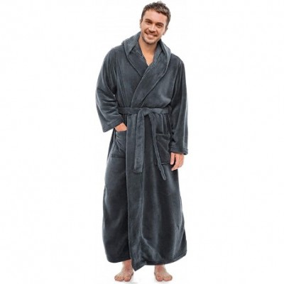 Robes Men's Hooded Fleece Bathrobe- Full Length Warm Plush Robes - Dark Grey - CI19DYY5EOK