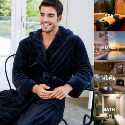 Robes Men's Hooded Fleece Bathrobe- Full Length Warm Plush Robes - Dark Grey - CI19DYY5EOK