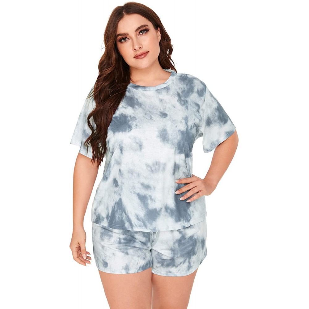 Sets Women Plus Size Pajamas Sets Tie Dye Short Sleeve Casual Loungewear Sleepwear PJ - Grey - CP19C9TNODE