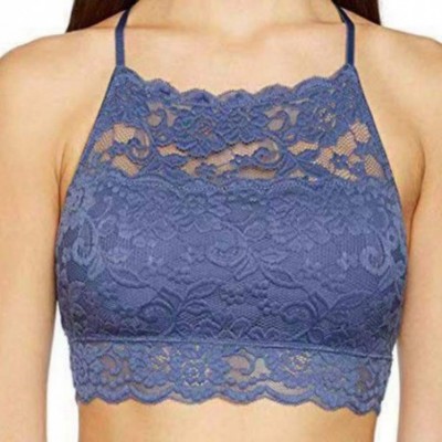 Bras Women's High-Neck Lace Bralette Wireless Bandeau Bra Lace Racerback Camisole Top - Dark Blue - CP193OKZ08U