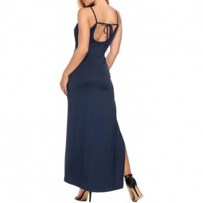 Baby Dolls & Chemises Women's Sexy Deep V Neck High Slit Sleeveless Pleated Long Party Evening Dress - Navy Blue - C5189MZ6KMK