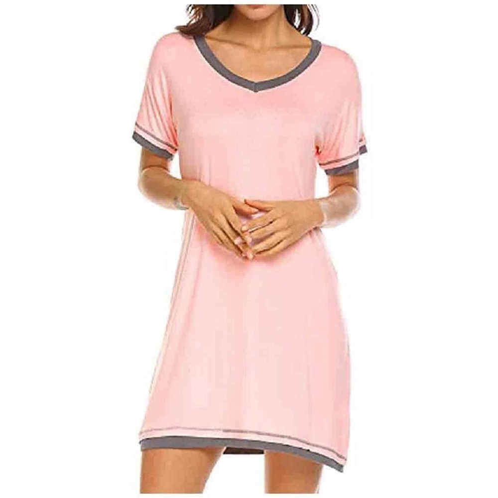 Nightgowns & Sleepshirts Womens Cozy Crewneck Daily Short-Sleeve Contrast Nightwear Sleepwear - Pink - C31900O9AGT