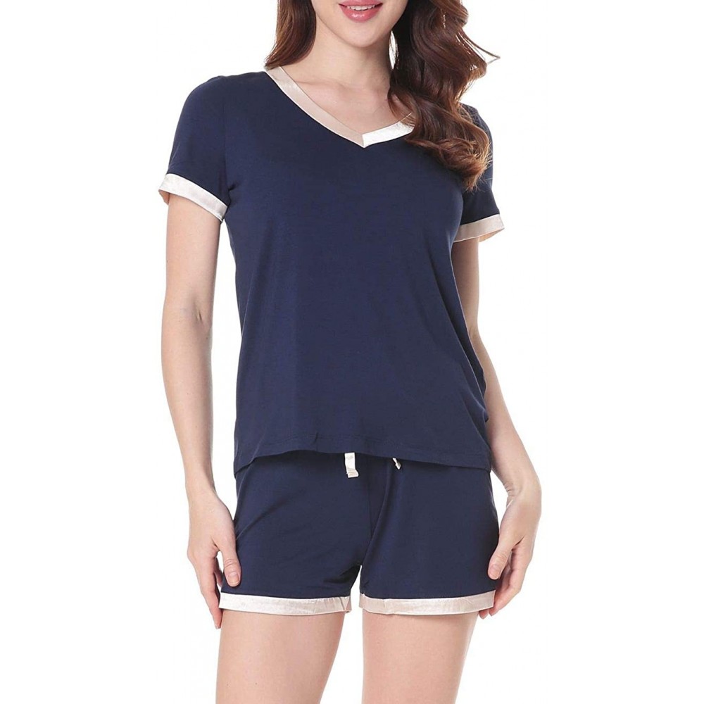 Sets Women's V-Neck Pajamas Set Short Sleeve Sleepwear Ladies Loungewear - Dark Blue - CC18G2KK0GX