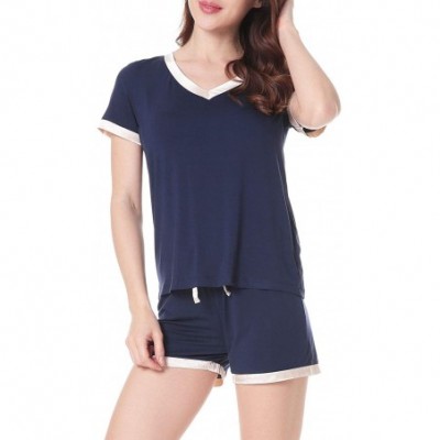 Sets Women's V-Neck Pajamas Set Short Sleeve Sleepwear Ladies Loungewear - Dark Blue - CC18G2KK0GX