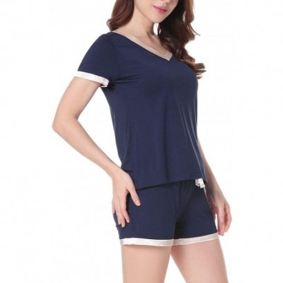 Sets Women's V-Neck Pajamas Set Short Sleeve Sleepwear Ladies Loungewear - Dark Blue - CC18G2KK0GX