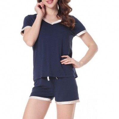 Sets Women's V-Neck Pajamas Set Short Sleeve Sleepwear Ladies Loungewear - Dark Blue - CC18G2KK0GX