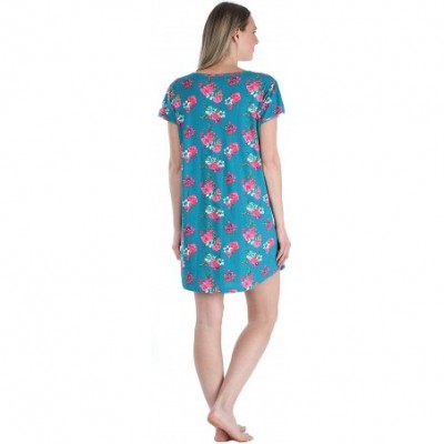 Nightgowns & Sleepshirts Women's Pajama Cotton Short Sleeve Nightgown Sleep Dress - Blue Floral - CD18846ZZY2