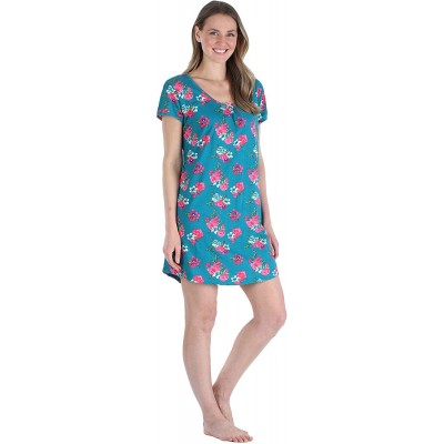 Nightgowns & Sleepshirts Women's Pajama Cotton Short Sleeve Nightgown Sleep Dress - Blue Floral - CD18846ZZY2