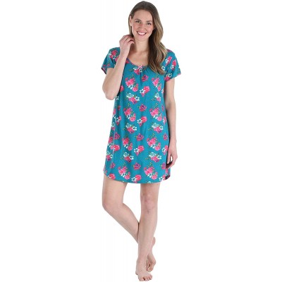 Nightgowns & Sleepshirts Women's Pajama Cotton Short Sleeve Nightgown Sleep Dress - Blue Floral - CD18846ZZY2