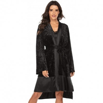 Robes Women's Retro Metallic Velvet Side Slit Night Robe Sleepwear - Black - CG196GRY8YT